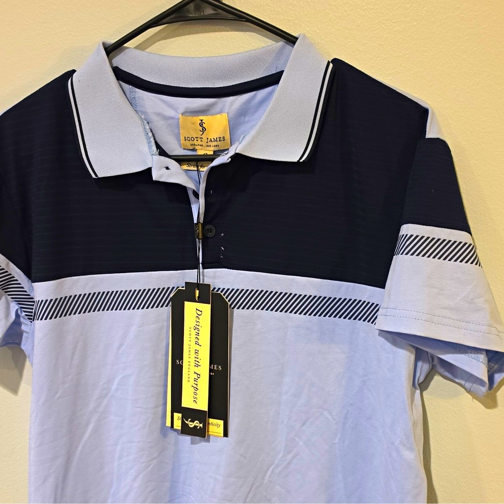 Scott James Men's Short Sleeve Polo Shirt Light Blue/Navy Striped S #298